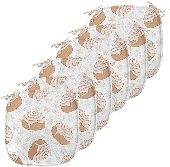Lunarable Cinnamon Chair Seating Cushion Set of 6, Floral Pattern with Floating Tasty Rolls Dessert Bakery Themed Pattern, Anti-Slip Seat Padding for Kitchen & Patio, 16"x16", Sand Brown Champagne