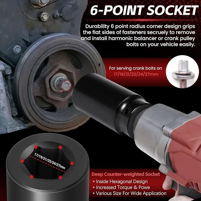 1/2" Drive Weighted Crank Bolt Socket Set, 17MM, 19MM, 21MM, 22MM, 24MM 27MM, Harmonic Balancer Socket Set, Weighted Deep Impact Socket Set, 3 Times Momentum Power of Standard Impact Socket