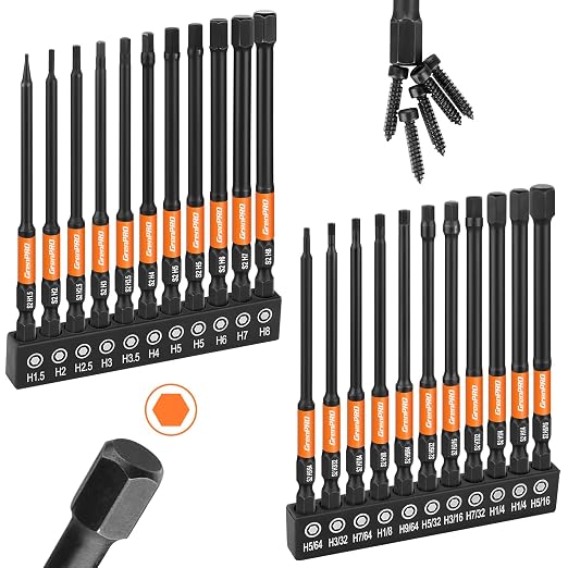 GRENPRO Allen Wrench Drill Bit Set 22pcs Hex Bit Set，Impact Driver Bit Set，Screwdriver Bit Set，Allen Wrenches Sets，Allen Socket Set，4" Long Metric&SAE 1/4" Hex Shank Magnetic Allen Key Drill Bits Sets