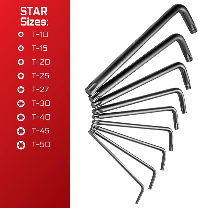 35-Piece Long Arm Ball End Hex (Allen) Key Wrench Set, Metric, SAE and Torx Keys, S2 Steel, 1.27mm to 10mm, 0.05 to 3/8 in, and T10 to T50, for Automotive, Bicycle, Household and Furniture Repair