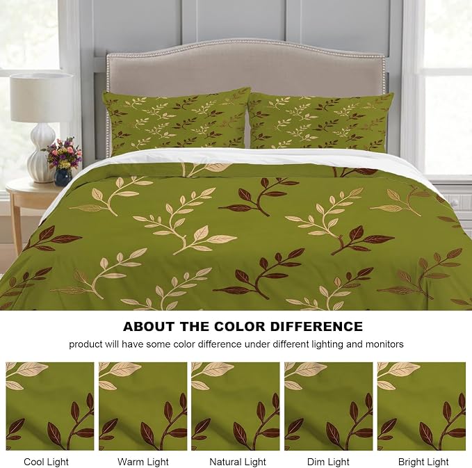 Batmerry Green Brown Leaves King Size 100% Cotton Duvet Cover Sets, Art Plant Illustration Bedding Set with Zipper Closure Corner Ties, 3 Pieces (1 Cover + 2 Pillowcases No Comforter)