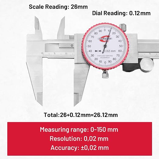 Metric Dial Caliper Measuring Tool 0-150mm Range, Analog Precision Caliper ±0.02mm Accuracy, Manual Mechanical Metal Stainless Steel Measuring Dial with 4-Way Measurements