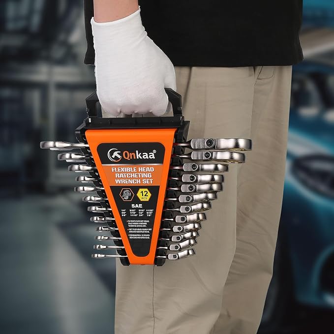 Qnkaa Qnkaa12pcs Flexible Ratchet Wrenches Set SAE 1/4” to 7/8“ | Standard Spanners Gear Ring Ratcheting Combination Flex-Head Wrenches Kit with Portable Organizer Rack