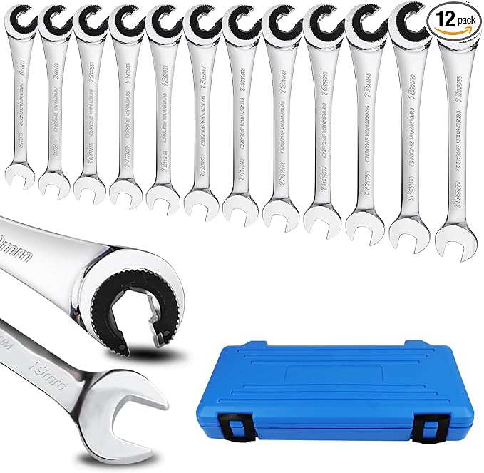 LOSCHEN 12pcs/set 8-19mm Metric Ratcheting Wrench Combination Wrench Set with 72 Teeth, Chrome Vanadium Steel Tubing Ratchet Spanner（US and European Patents）