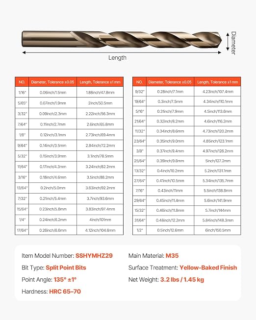 VEVOR Cobalt Drill Bit Set, 29Pcs (1/16" - 1/2") M35 High Speed Steel Cobalt Bits with Storage Case, 135 Degree Tip Twist Jobber Drill Bit for Metal, Stainless Steel, Aluminum Alloy, Wood, Plastic