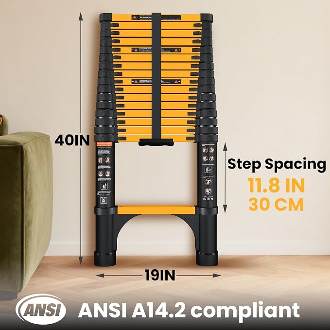 SINMEIRUN Telescoping Ladder, 16.5 FT, 11.8" Rung Spacing, Aluminum Extension Ladder, 330 lbs Capacity, Collapsible Multi-Purpose Ladder for Home, Roof and RV; Yellow