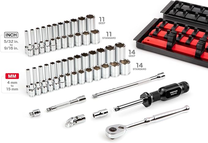 TEKTON 1/4 Inch Drive 6-Point Socket and Ratchet Set with Rails and Trays, 57-Piece (5/32-9/16 in., 4-15 mm) | SKT03301