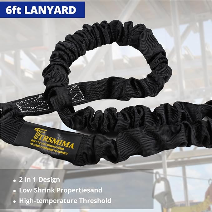 TRSMIMA Safety Harness Fall Protection - Men Construction Full Body Harness Kit for Work with Shock Absorbing Lanyard Tongue Buckle ANSI