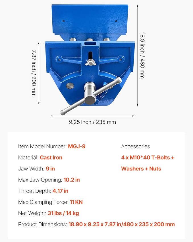 VEVOR Woodworking Vise, 9 Inch Jaw Width, Quick Release Wood Bench Vise, 10.2 Inch Max Jaw Opening, Heavy-duty Cast Iron Construction, Adjustable Front Stop, Workbench Vice, for Woodworking Drilling