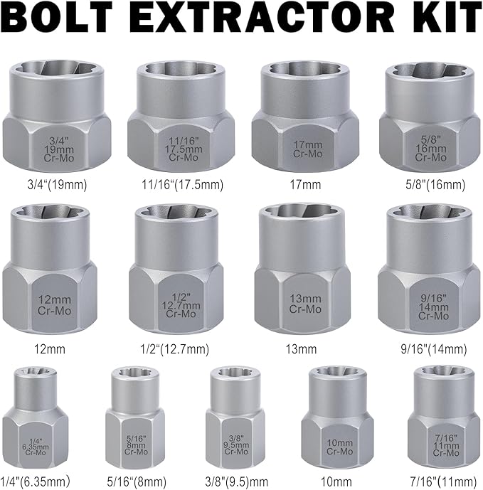 Bolt Extractor Kit, 14 PCS Impact Bolt & Nut Remover Set with 3/8 Inch Adapter, Upgrade Stripped Bolt Extractor Socket Set with Portable Tool Box, Easy Out for Rusted, Damaged, Round Bolt Nuts Screws