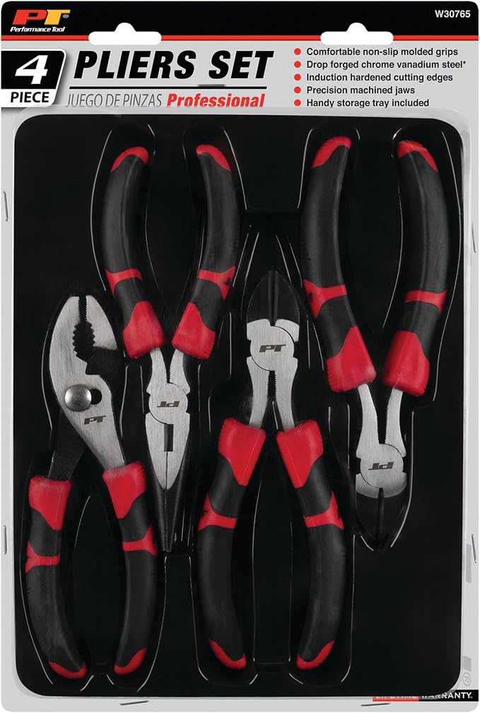 Performance Tool W30765 4-Piece Professional Pliers Set | Includes slip joint, diagonal, long nose, and linesman pliers. Hardened cutting edges. Non-slip molded grips