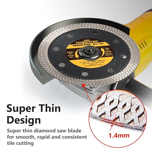 POWERTEC 4 Inch Diamond Saw Blades for Handheld Tile Saw & Angle Grinder 5 Pack, Super Thin Turbo Mesh Rim Blades for Cutting Porcelain, Granite & Ceramic Tile, 4" Diamond Blades