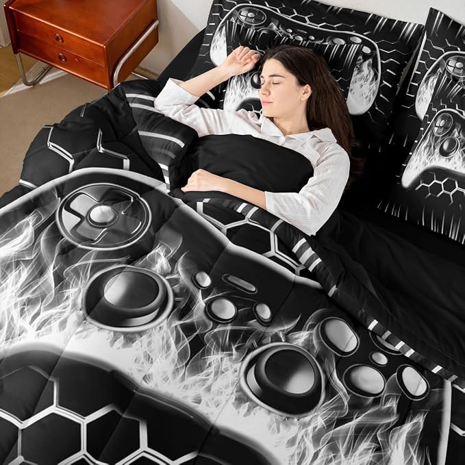 Erosebridal Boys Gaming 7 Piece Comforter Set Full Bed in a Bag Ombre Art Honeycomb Bedding Set Grey Neon Lights Sheet Set Game Console Bed Set Geometric Hexagon Beehive Gaming Room Decor