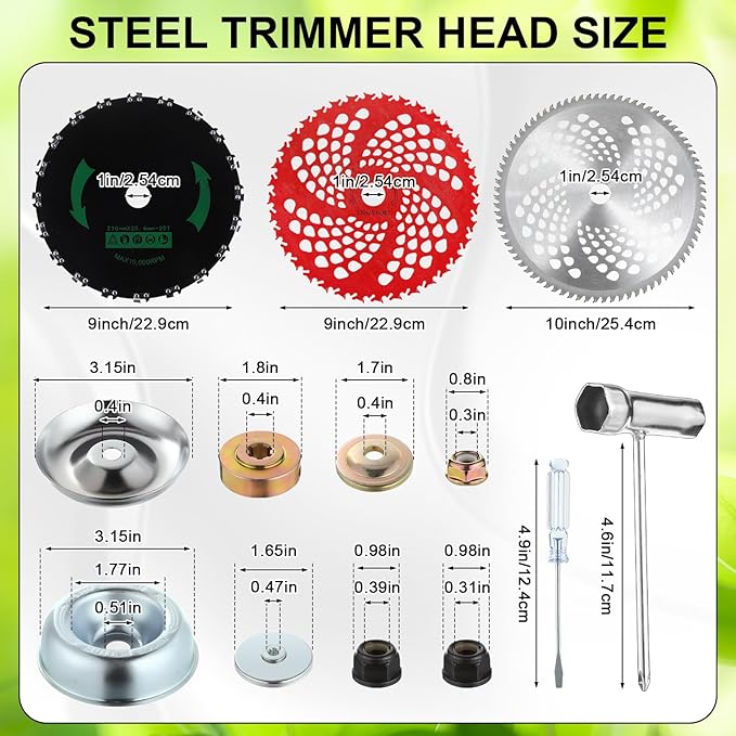 Duraaamo 7 Pcs Brush Cutter Kit Include 9" x 36T Carbide Tipped Blades, 9" x 20T, 10" x 3T and 10" x 80T Blades with Adapter Kit, 8 Inch Steel Wire Rotary Head and Trimmer Head Replacement