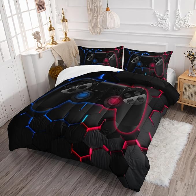 Axolotl Gamer Comforter Set King Size,Geometric Honeycomb Gaming Bedding,Video Games Comforter,3 Piece Game Console Print Bedding Set for Kids Boys Girls Teens,1 Duvet 2 Pillowcases,Blue Red