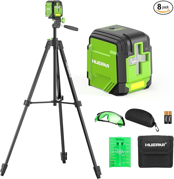 Laser Level with 60in Tripod, HUEPAR 98Ft Self Leveling Laser Level Green Line Laser Cross Line Laser Leveler Tool for Picture Hanging, Home Renovation, Indoor Project, Battery&Carrying Bag Included