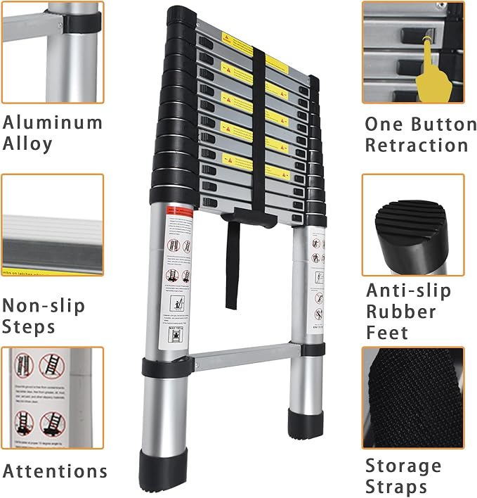 Telescoping Extension Ladder 10.5 FT, Folding Telescopic Aluminum Ladders, Lightweight Collapsible Ladder Step for RV Roof Attic Home, 300 LB Capacity (10.5 FT)