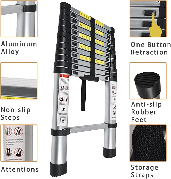 Telescoping Extension Ladder 14.5 FT, Folding Telescopic Aluminum Ladders, Lightweight Collapsible Ladder Step for RV Roof Attic Home, 330 LB Capacity (14.5 FT)