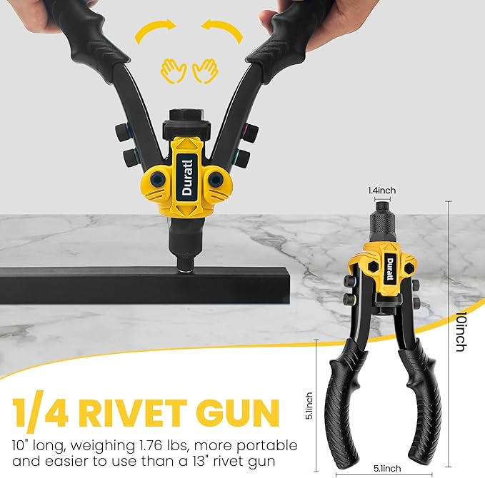 Rivet Gun, 1/4 Pop Rivet Gun Kit with 200 Blind Rivets, 5 Interchangeable Rivet Heads (3/32", 1/8", 5/32", 3/16", 1/4"), Heavy Duty Hand Riveter Tool for Metal, Gutter & Automotive