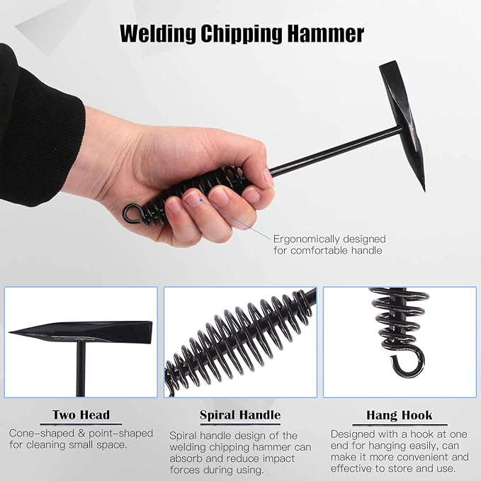 Glarks 4Pcs 10'' Chipping Hammer With Coil Spring Handle and Wire Brush, Pair of Welding Gloves for Removing Slag and Residue