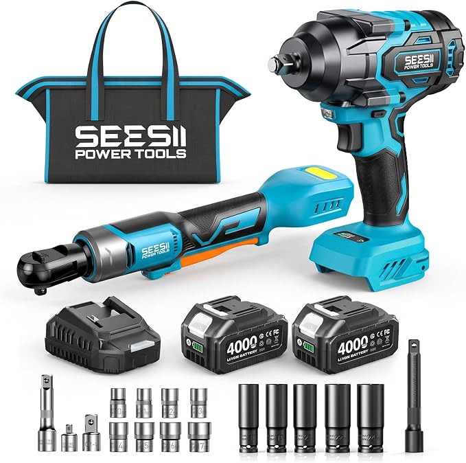 Seesii 1/2" Impact Wrench & 3/8" Ratchet Combo Kit for Auto Repair | 738 ft-lbs brushless impact gun & 60 ft-lbs ratchet, 2×4.0Ah batteries & charger, sockets & tool bag, for construction/DIY