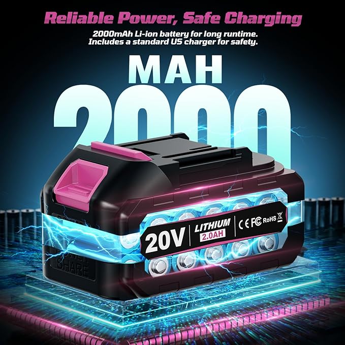 20V Cordless Drill Set,Electric Power Drill Cordless,Power Drill Drivers,Electric Screwdriver - 2.0Ah Batteries, 30Nm，21+1 Torque,2 Speed,34pcs Acessories,Built-in LED,Kit for Home,Pink