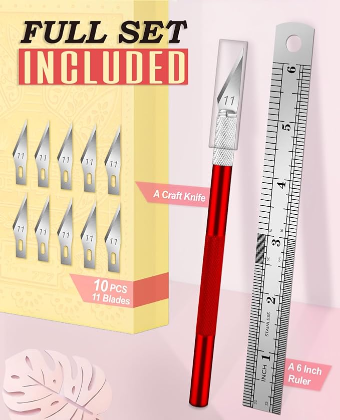 DIYSELF Craft Knife with 10 Extra #11 Blades, Precision Hobby Knife Set with Steel Ruler, Exacto Knife for Crafting, Polymer Clay, Pottery, Paper, Vinyl, Stencil & Model Making (Red)