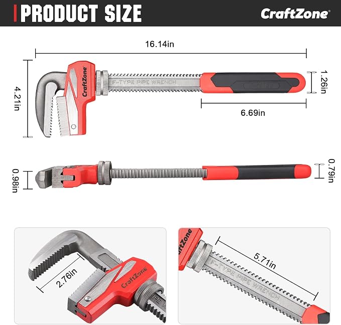 16 Inch Aluminum Pipe Wrench, Heavy-Duty Adjustable Plumbing Wrench, 130mm Max Jaw Capacity, Cr-V Steel Jaw, Lightweight Straight Pipe Wrench for Pipe Fittings
