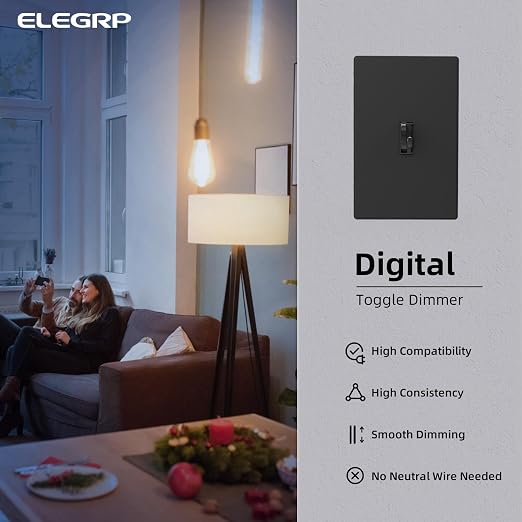 ELEGRP Digital Dimmer Switch for LED/CFL, Toggle Dimmer Switch with Decorative Frameless Design Wallplate, Single Pole/3-Way, UL Listed, 1 Pack, Black