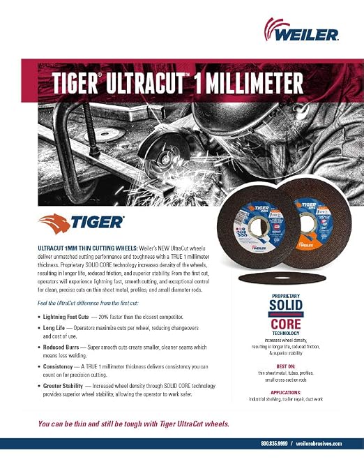 Weiler 58130 4-1/2 Inch Cutting Wheel, Tiger INOX Stainless Steel Ultracut 1 mm Contaminant-Free High Performance Thin Cutting, 1mm INOX60T Type 1 7/8" Arbor, Pack of 50