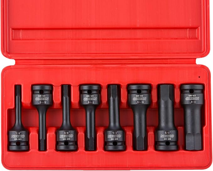 NEIKO 01137B 1/2-Inch-Drive Allen Socket Set, 3-Inch Length, 1/2-Inch Impact Hex-Bit Socket Set, SAE Hex Driver 1/4" to 3/4", CrMo Steel, Impact-Grade, 8-Piece Set