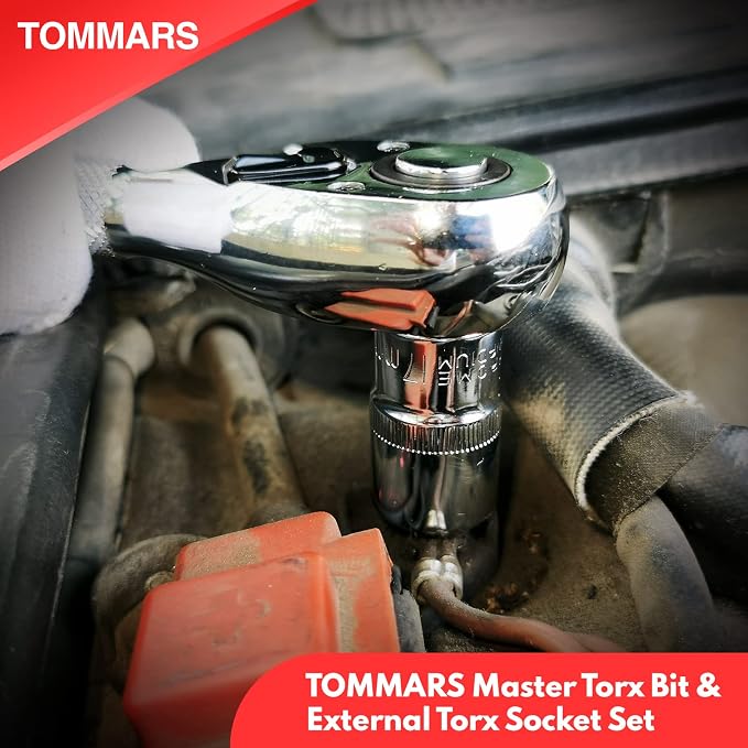 TOMMARS 60-Pc Master Torx Bit Socket & External Socket Set | 1/4", 3/8", 1/2" Drive, S2 Steel Bits, CRV Sockets, E4-E24, T6-T70, TT6-TT70, TP8-TP60