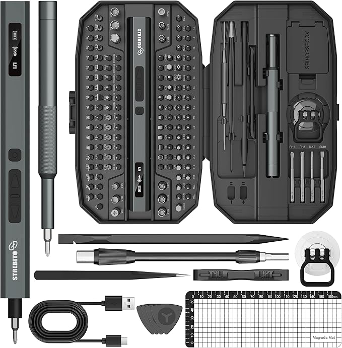 STREBITO 155 in 1 Electric Screwdriver Set, Small Electric Screwdriver Cordless with 140 S2 Magnetic Bits, Electronic Power Screwdriver Repair Tool Kit for RC, Computer, Pc Building, Laptop（Upgraded）