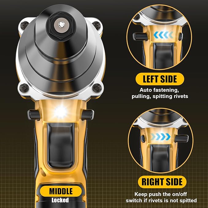 Cerycose Cordless Rivet Gun Compatible with DeWalt 20V Battery,Brushless Electric Rivet Nut Tool with 3 Sizes Steel Rivets(1/8",5/32",3/16") & Nose Pieces, Professional Riveters Gun 20V(Tool Only)