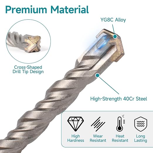 5/8 Inch x 8 Inch SDS Plus Rotary Hammer Drill Bit, Cross Tip Double Threaded Carbide Tipped for Concrete, Brick, and Stone (7/16" x 6" x 8")