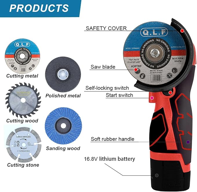 ZFULVO Cordless Brush Angle Grinder Kit, 19500rpm Mini Electric Angle Grinding Tool with 2pcs 16.8V 2000mAh Batteries and 6-Cutting Discs, Grinder Handheld Cutter for Metal Wood