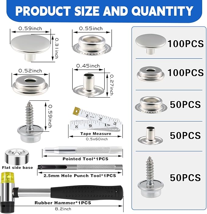Canvas Snap Kit, Snaps Button, Heavy Duty Fastener Tool Set, 356 PCS Stainless Steel Buttons Kit,Boat Cover Snaps,Carpet Snap for DIY Repairing Boat Covers,Canvas,Sewing