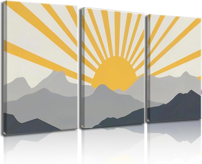 Frimeeme Modern Boho Sun Canvas Wall Art, Set of 3, Yellow and Gray Mountain Sunrise, 12x16 Inch Each, Framed