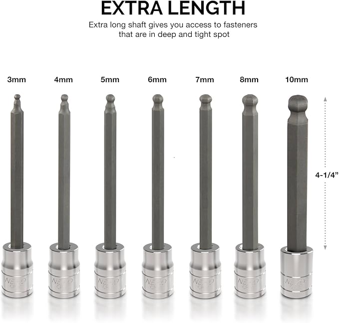 Neiko 10243A 3/8-Inch-Drive Extra-Long Ball-End Hex-Bit Socket Set, Metric Sockets 3/8" or 3 to 10 mm, S2 Steel, 7-Piece Set