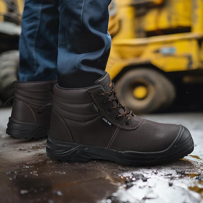 NINGO Steel Toe Work Boots for Men, Non Slip & Puncture Resistant Construction Boots with Breathable Lining, EH Protection, Comfortable Mens Safety Leather Work Shoes for Industrial, Walking Warehouse