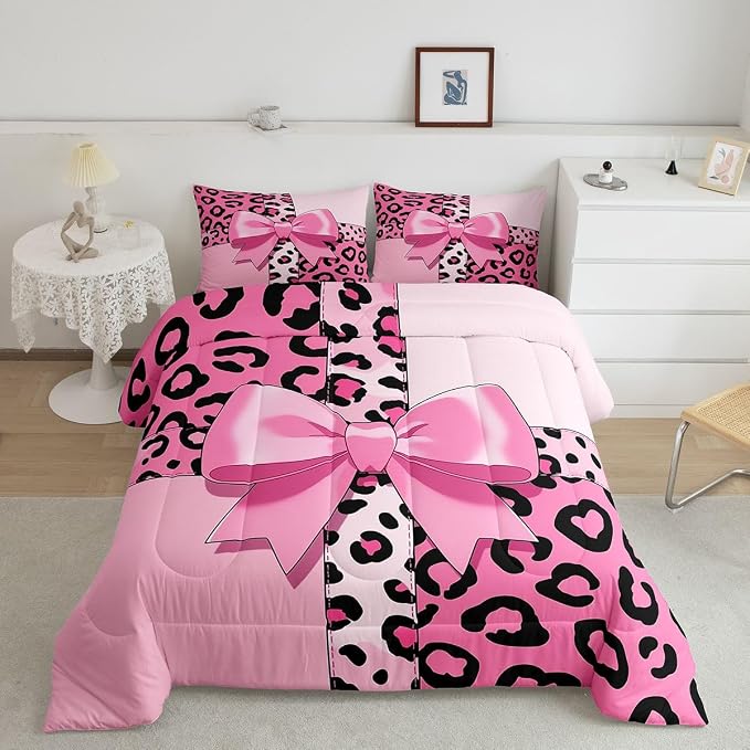 Feelyou Pink Leopard Print Comforter Set All Season Cheetah Bow Bedding Set with 2 Pillow Cases Animal Fur Microfiber Kids King Bedclothes Bedroom Decor Duvet Quilt Breathable Soft Lightweight