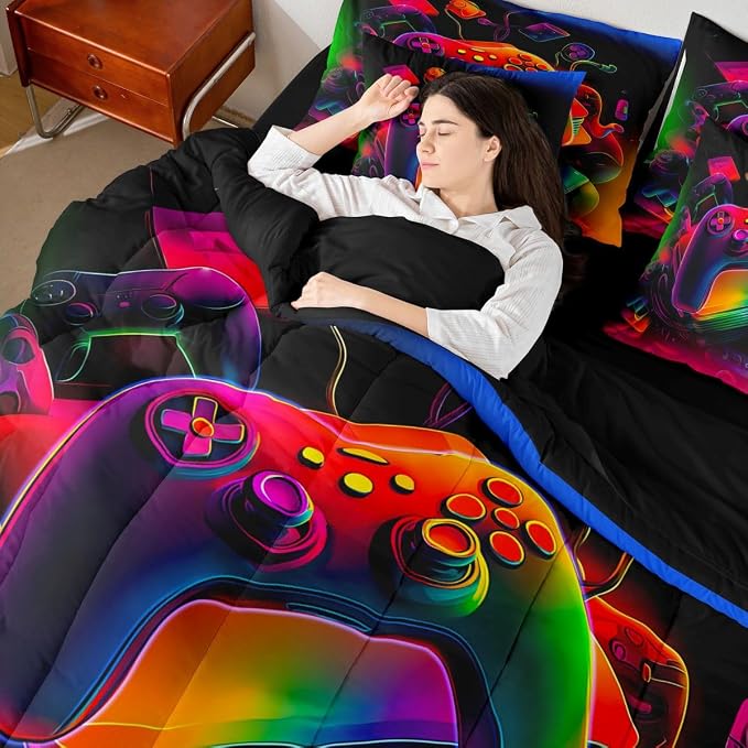 Erosebridal Gamer Comforter Set 7 Piece Bed in a Bag Twin | Game Consoles Bedding Sets Modern Gaming Comforter and Sheet Set, Abstract Vintage Bed Sets