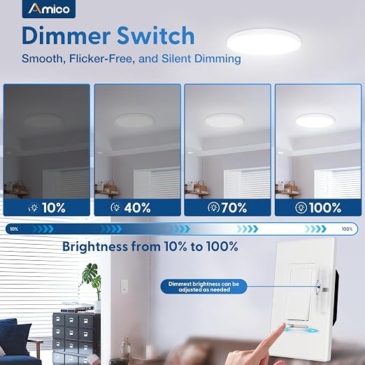 Amico Dimmer Light Switch, Single-Pole or 3-Way Slide Dimmer Switches for Led Lights, Suitable for 150W Dimmable LED/CFL and 600W Incandescent/Halogen, Wall Plate Included, ETL Listed, 6 Pack, White