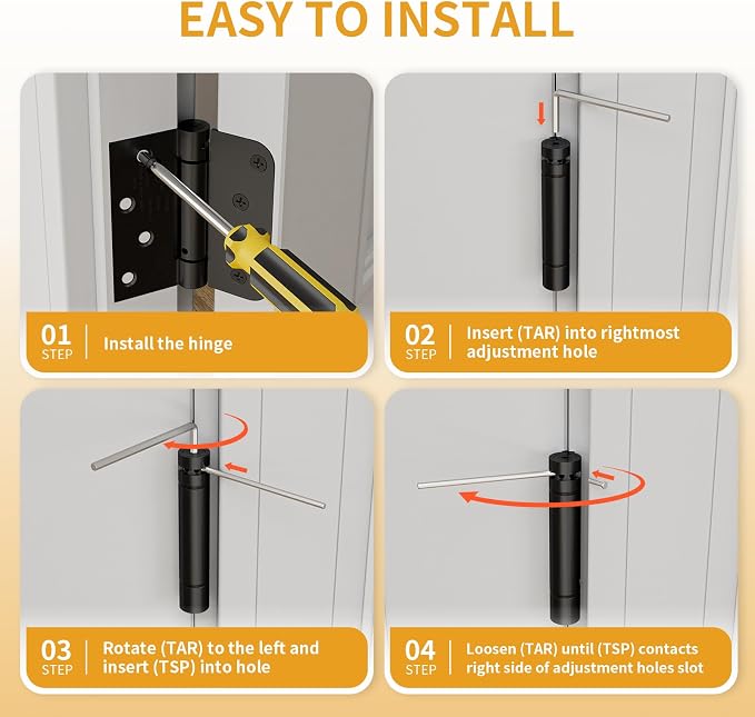 Luxbaro 4 Pack Self Closing Door Hinges 4 Inch, Matte Black Spring Loaded Hinges with Square & 5/8" Radius Corners, Adjustable Tension for Garage, Front Door, for Left and Right Hand Door, UL Listed