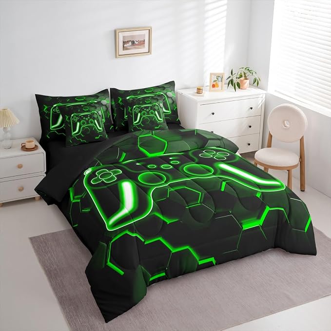 Erosebridal Gamer 7-Piece Comforter Set Full Bed in a Bag, Neon Honeycomb Gaming Bedding Sets Game Boy Games Comforter and Sheet Set, Green Hexagon Lights Room Decor,Boys Bedroom Decor