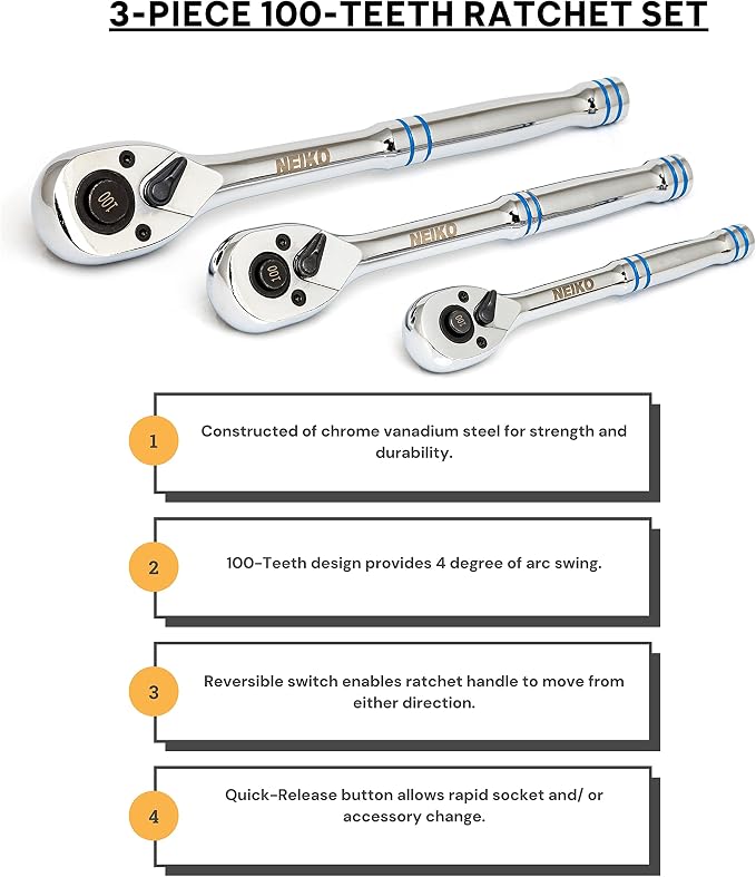 Neiko 03000A 100-Tooth Quick-Release Ratchet-Wrench Set, 1/4-Inch-, 3/8-Inch-, and 1/2-Inch-Drive Ratchets, 3.6-Degree Swing, CrMo Steel, 3-Piece Set