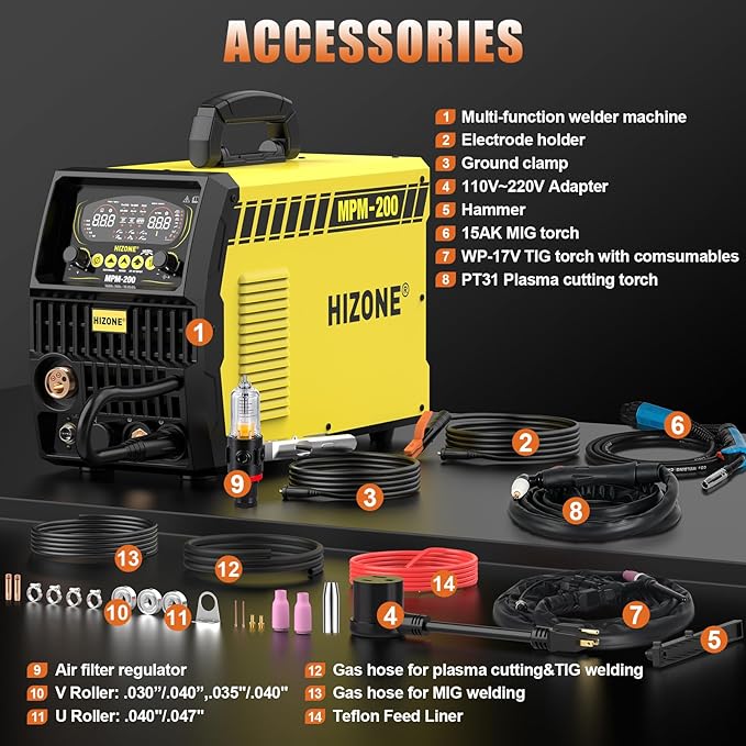 HIZONE Multifunctional Welders Plasma Cutter Combo 200A，8 in 1 Multiprocess Welder Gas MIG/PULSE MIG/MAG/Flux Gasless MIG/HF TIG/Stick/CUT/SPOT MIG 110/220V Dual Voltage Aluminum Welding Machine