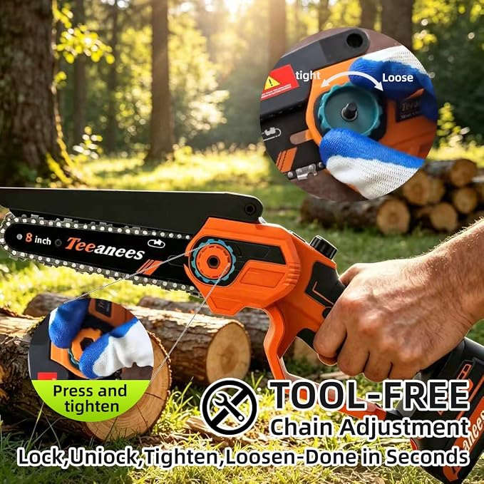 8" Brushless Electric Chainsaw, 1200W Battery Powered Chainsaw with 4.0Ah Battery & 4 Chains, 2-in-1 Dual Bar (8" & 6") Handheld Saw, for Tree Trimming (Orange, 1 Battery)