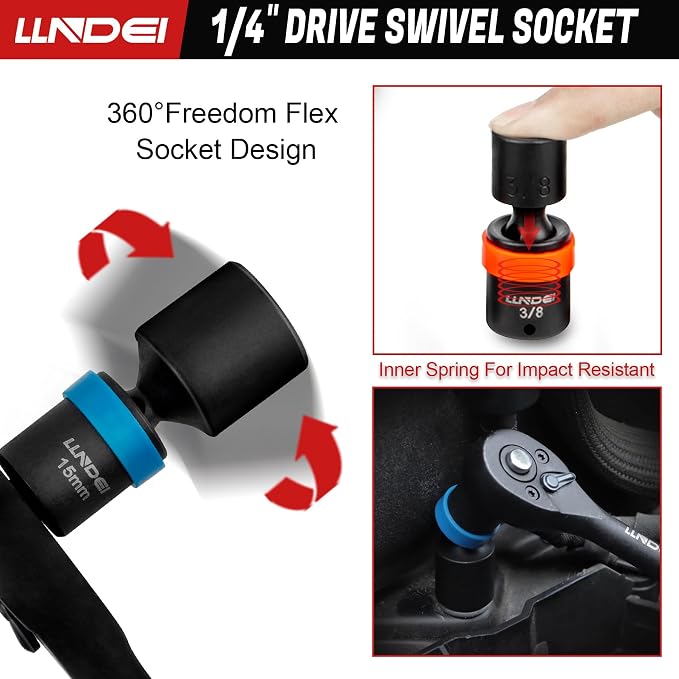 LLNDEI 1/4-Inch Drive Swivel Socket Set, 32Pcs Metric | SAE(5/32-9/16"), Wobble Sockets, 6 Point with Ratchet Wrench Handle, Extension Bars and Adapter, DIY mechanic & garage shop