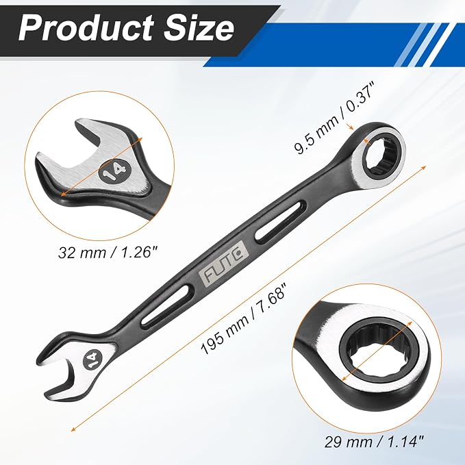 HARFINGTON Ratcheting Combination Wrench 14mm Stubby Wrench Metric High Carbon Steel Double 12-Point Box Open-Ended Ratchet Spanner Tool for Household Garage Workshop Auto Repairs, Black